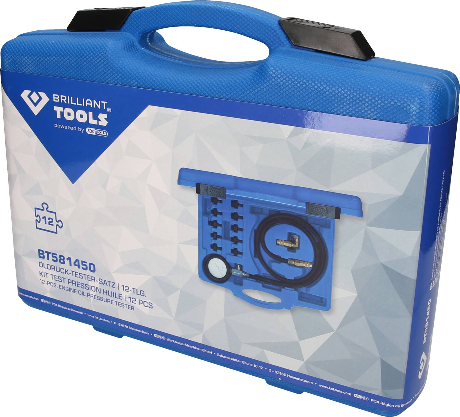 Moder set orodij z napisom 'Merilnik tlaka olja, 12-delni' znamke Brilliant Tools. Vsebuje slike in podrobnosti vsebine.