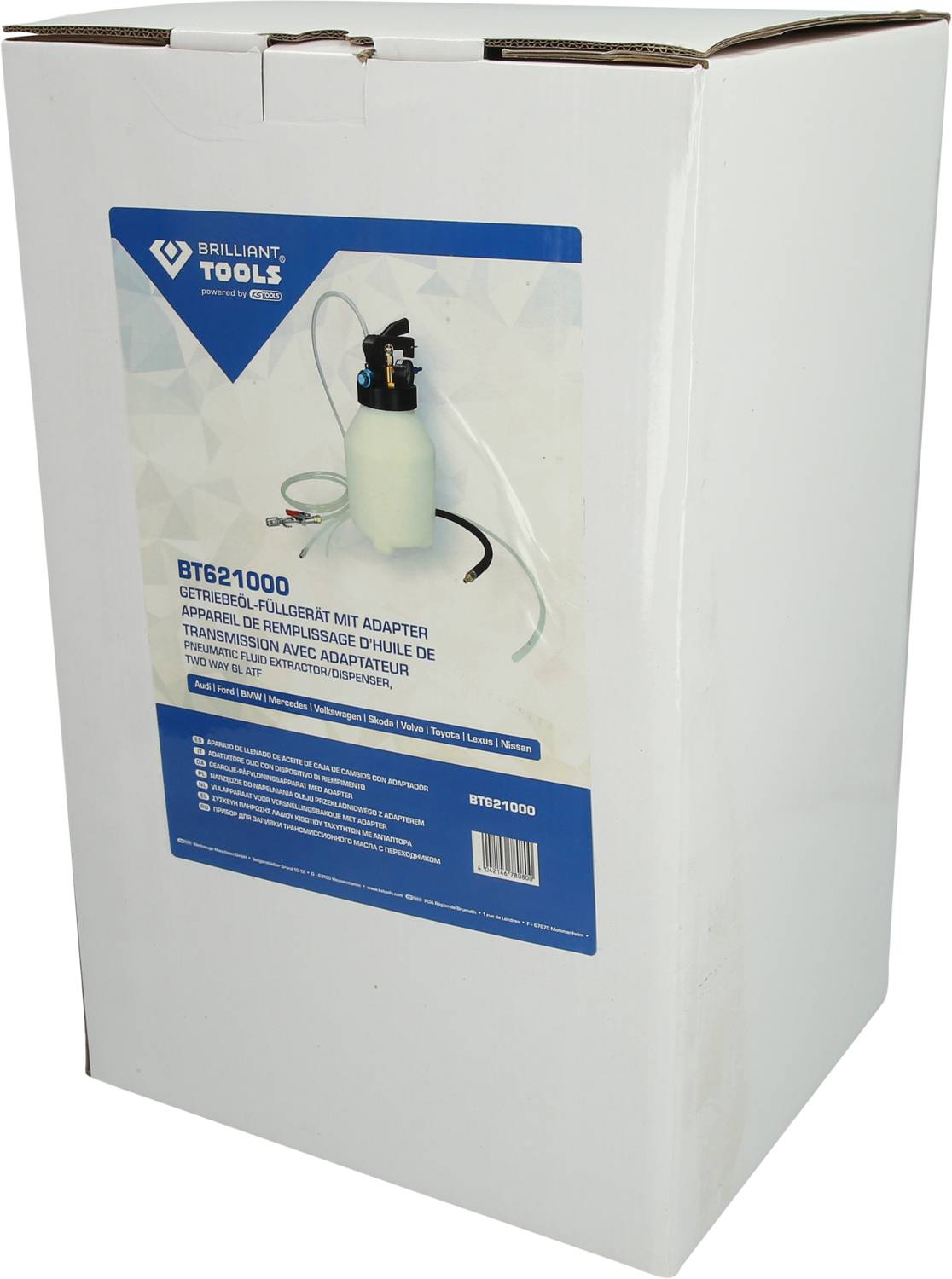 Embalaža večnamenskega Oil adapterja za komprimirani zrak znamke Brilliant Tools, model BT621000, z prikazano črpalko in cevmi.