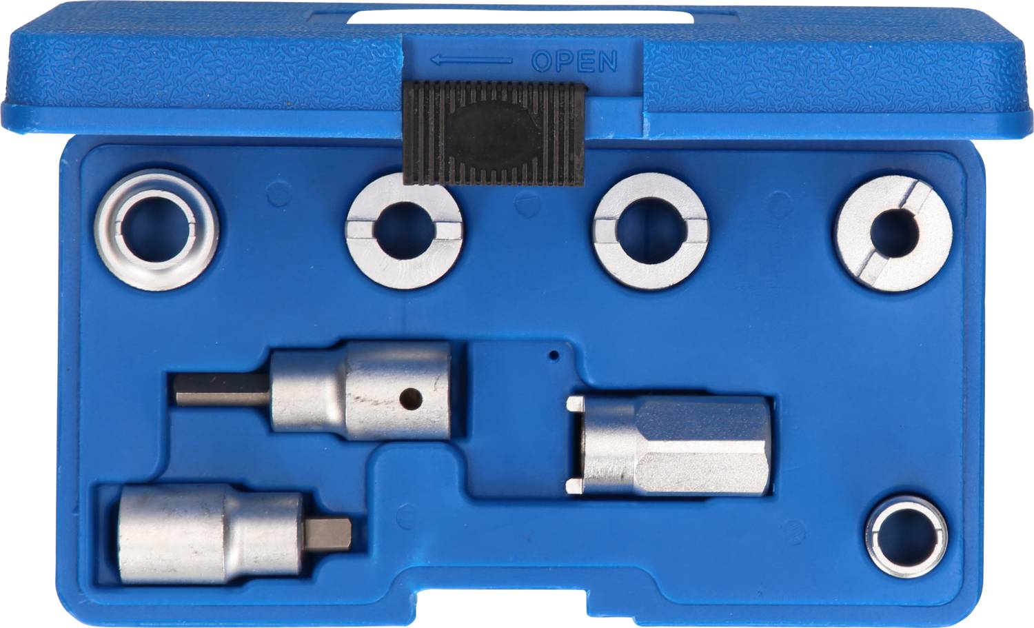 Moder zabojnik za orodje s šestimi srebrnimi nasadnimi ključi različnih velikosti, primeren za natančna vijačenja.