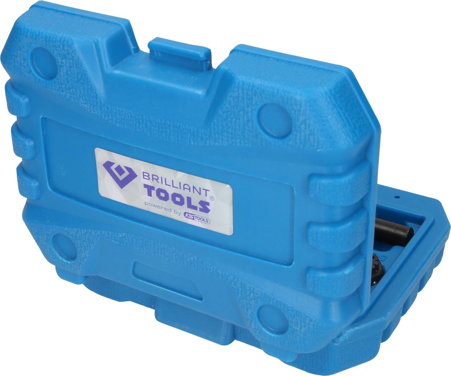 Moder plastičen kovček z belim nalepkom 'Brilliant Tools'. Kovček je delno odprt, kar nakazuje na orodje v notranjosti.