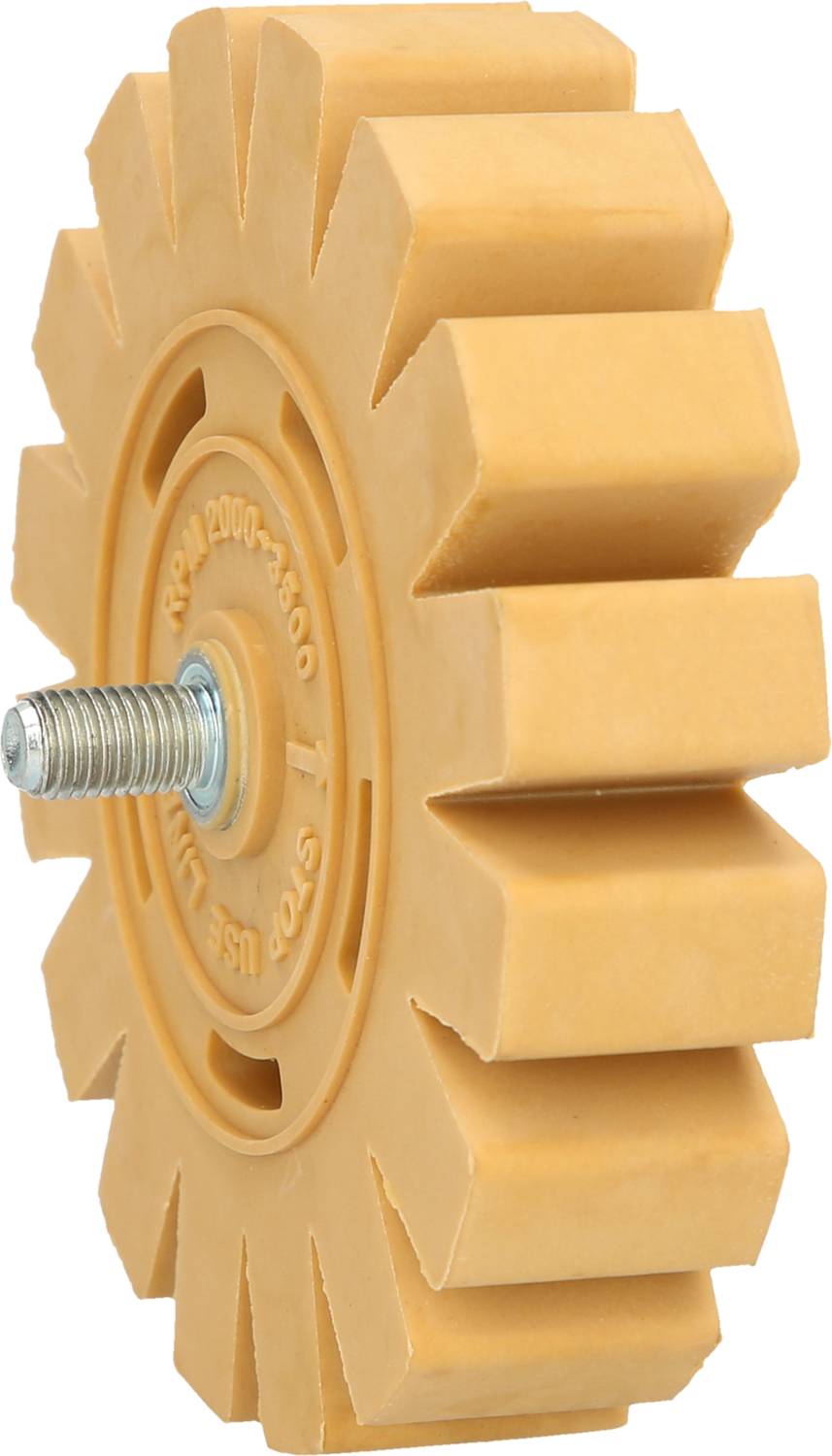 Rumena do rjavo obarvana okrogla gumijasta plošča z navojem v sredini, pogosto uporabljena za odstranjevanje nalepk ali folij z različnih površin.