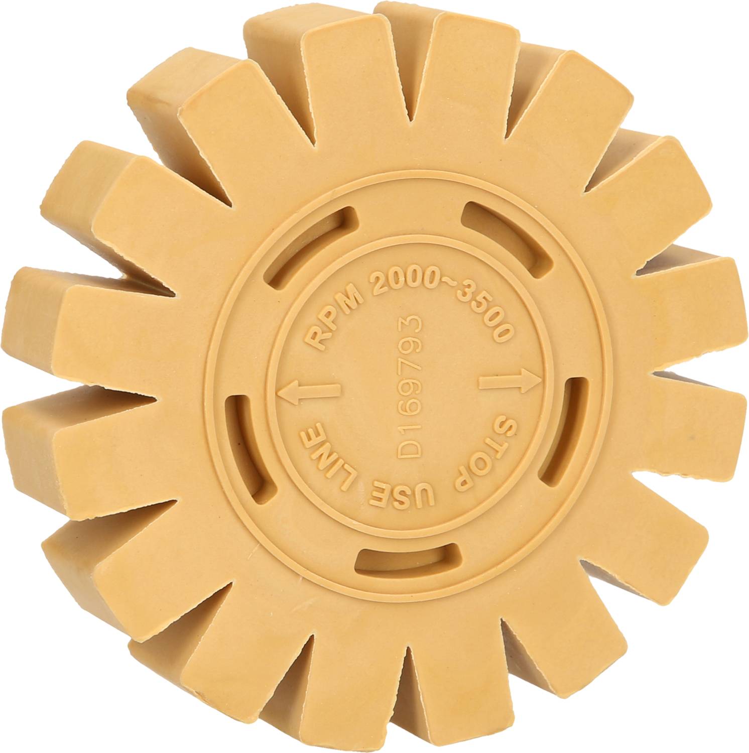 Okroglo rumeno orodje z zobniško podobnimi izboklinami, označeno z 'RPM 2000-3500' in 'STOP USE LINE'.
