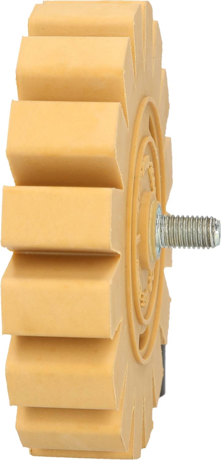 Rumeno gumarsko kolo z nazobčanim robom in kovinskim vijakom, pogledano z desne strani.