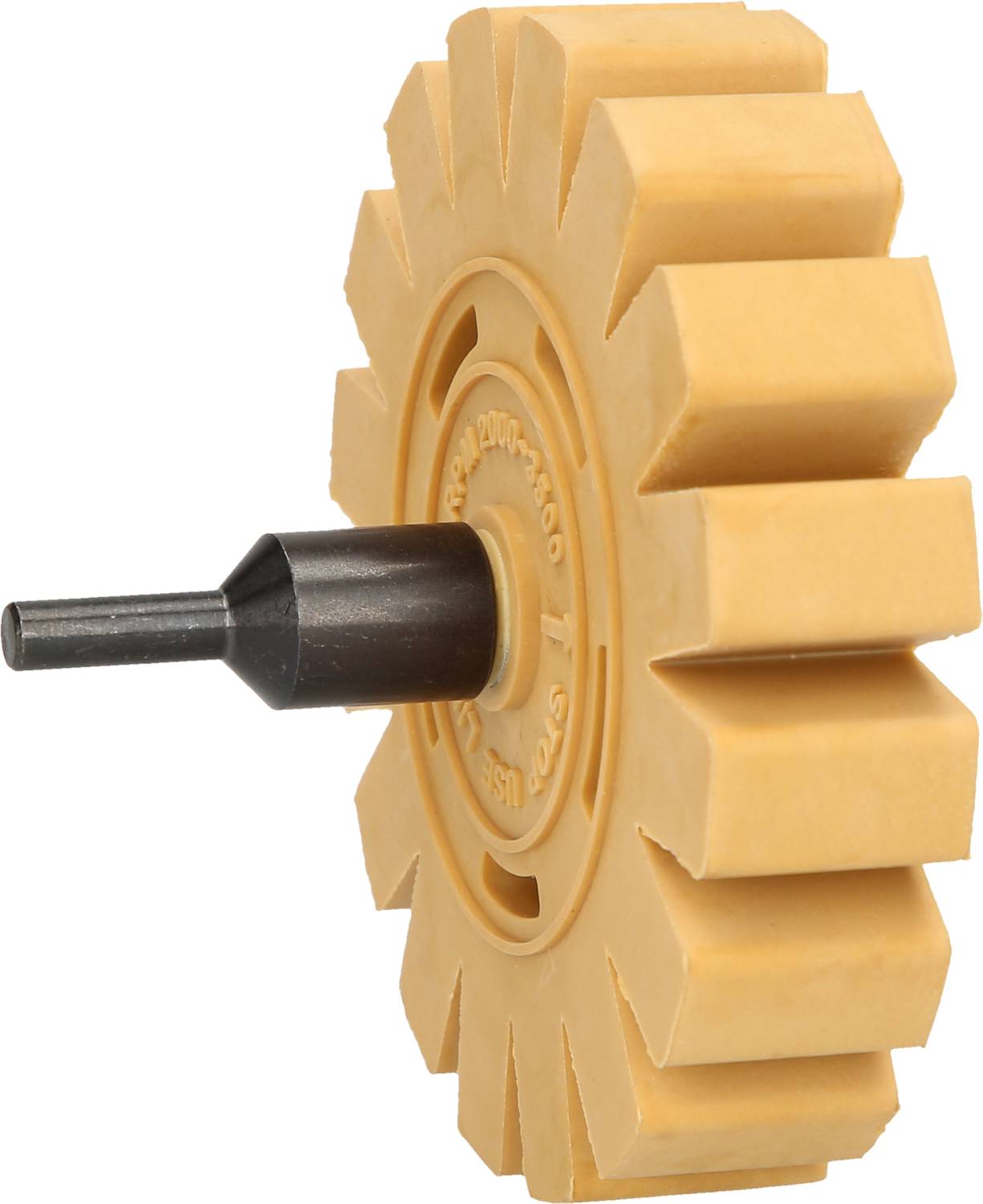 Kolesasto rumeno kolo z zobmi in kovinsko nastavkom na sredini, ki se uporablja za odstranjevanje nalepk z različnih površin.