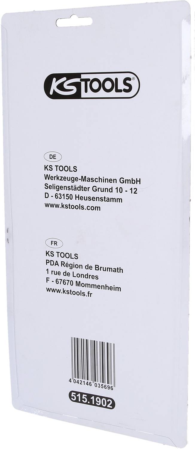 'KS TOOLS' embalaža z naslovom podjetja in spletno stranjo v nemščini in francoščini.