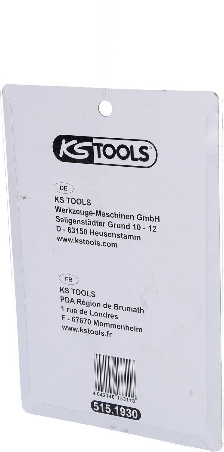Nalepka z logotipom KS TOOLS in naslovi za Nemčijo: 'Seligenstädter Grund 10-12, 63150 Heusenstamm' in Francijo: '1 rue de Londres, 67670 Mommenheim'.