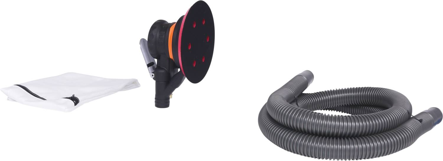 Set pribora za brusilni stroj: vrečka za zbiranje prahu, brusilni disk, gibljiva cev. Primerno za odsesavanje prahu med brušenjem.