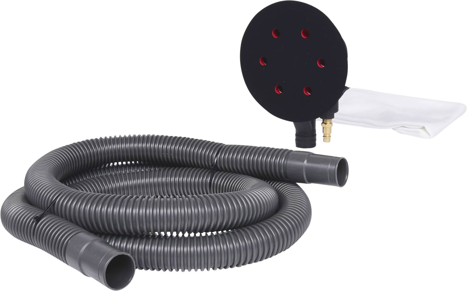 Prilagodljiva siva cev s priključki in črn, okrogel del z rdečimi pikami ter bel vrečast predmet desno zraven.