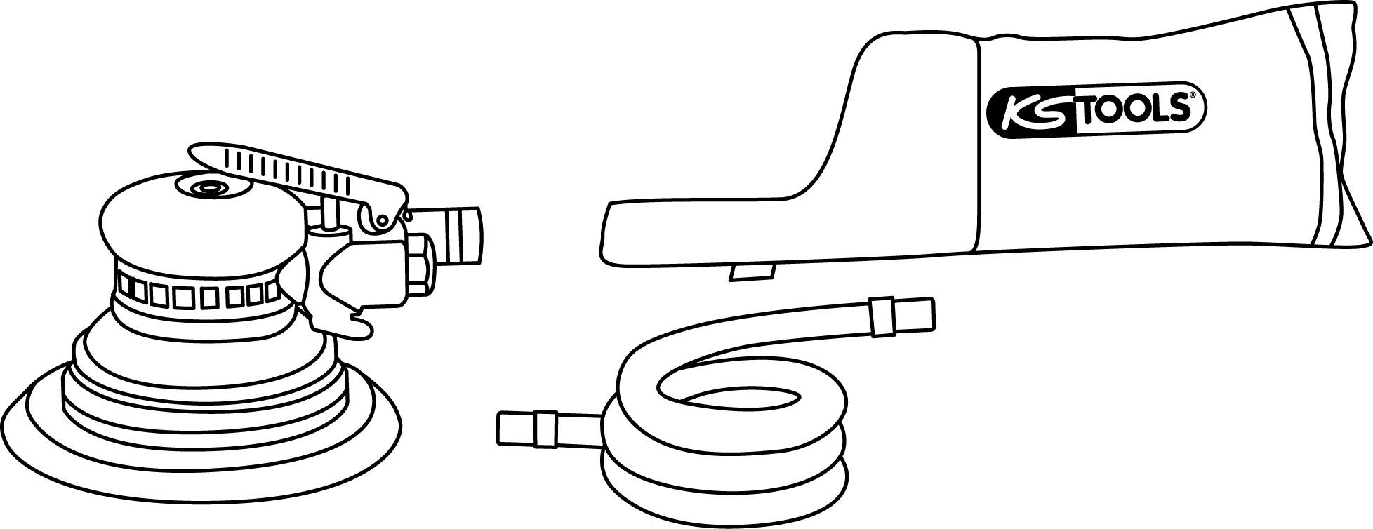 Brusilni stroj znamke 'KS Tools' s cevjo in vrečko za prah, opremljen z upravljalno ročico, prikazan v črtni risbi.