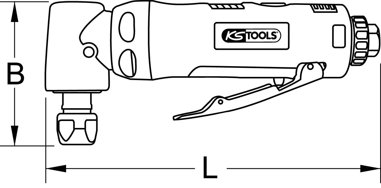 'KS Tools' pnevmatski kotni brusilnik, shematski diagram, prikazuje mere B in L, z stikalom in vpenjalno glavo.