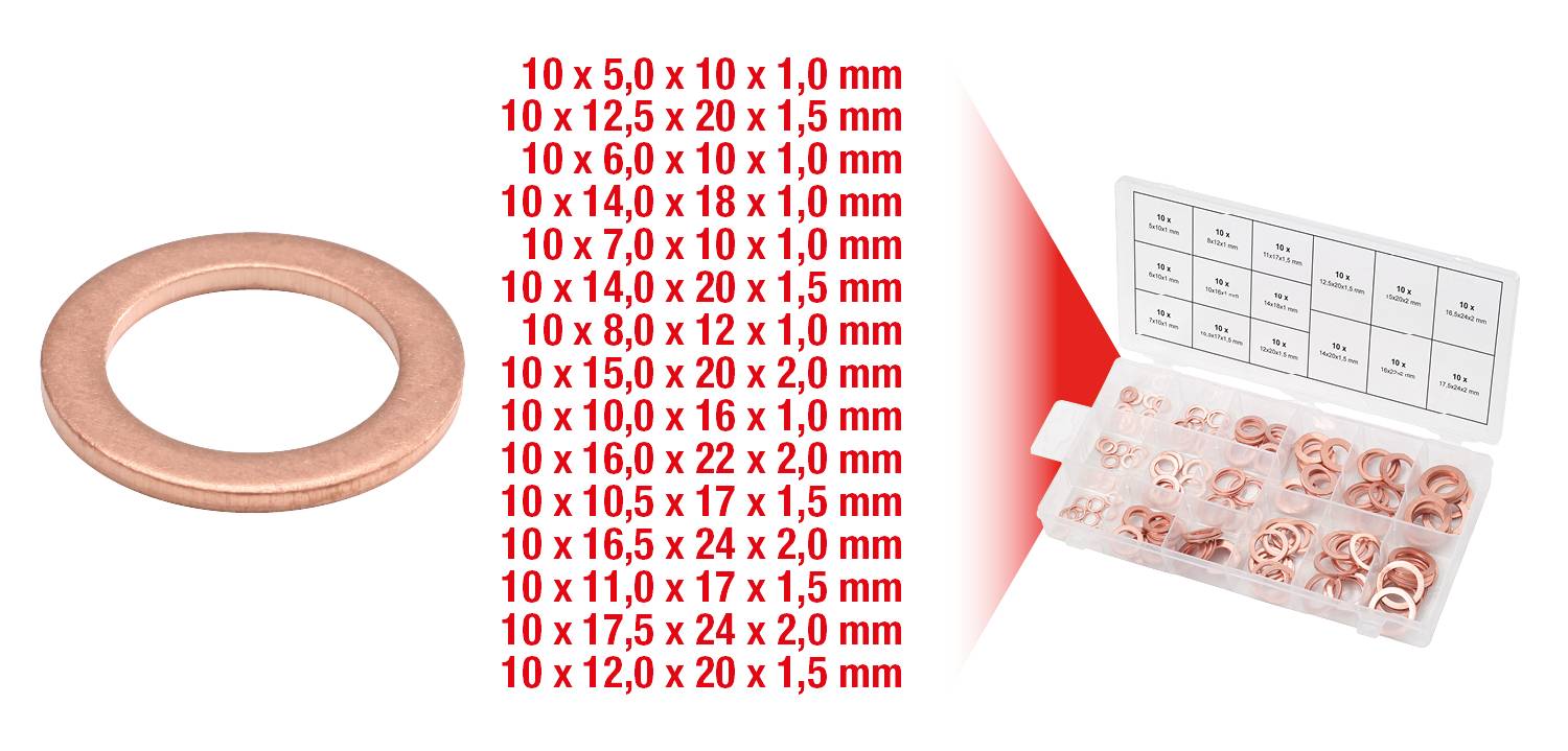 Bakrene plošče različnih velikosti od 5x10x1,0 mm do 18x24x2,0 mm. Urejena škatla z označenimi predali.