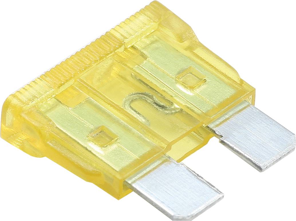 Rumena ploščata varovalka z dvema kovinskima kontaktoma, značilna za uporabo v vozilih za zaščito električnih komponent.