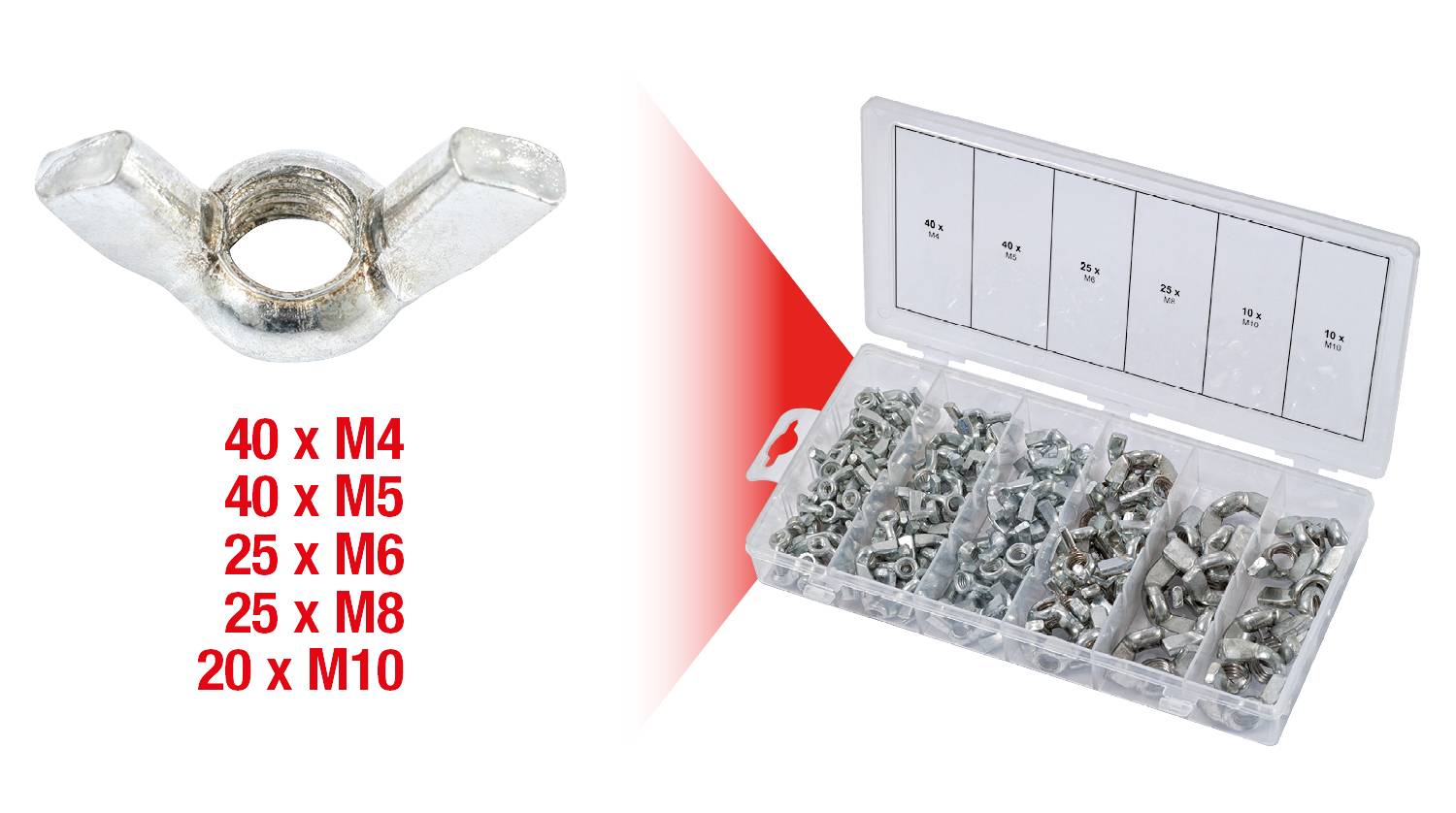Sortimentna škatla z različnimi krilnimi maticami, velikosti: 40 x M4, 40 x M5, 25 x M6, 25 x M8, 20 x M10.