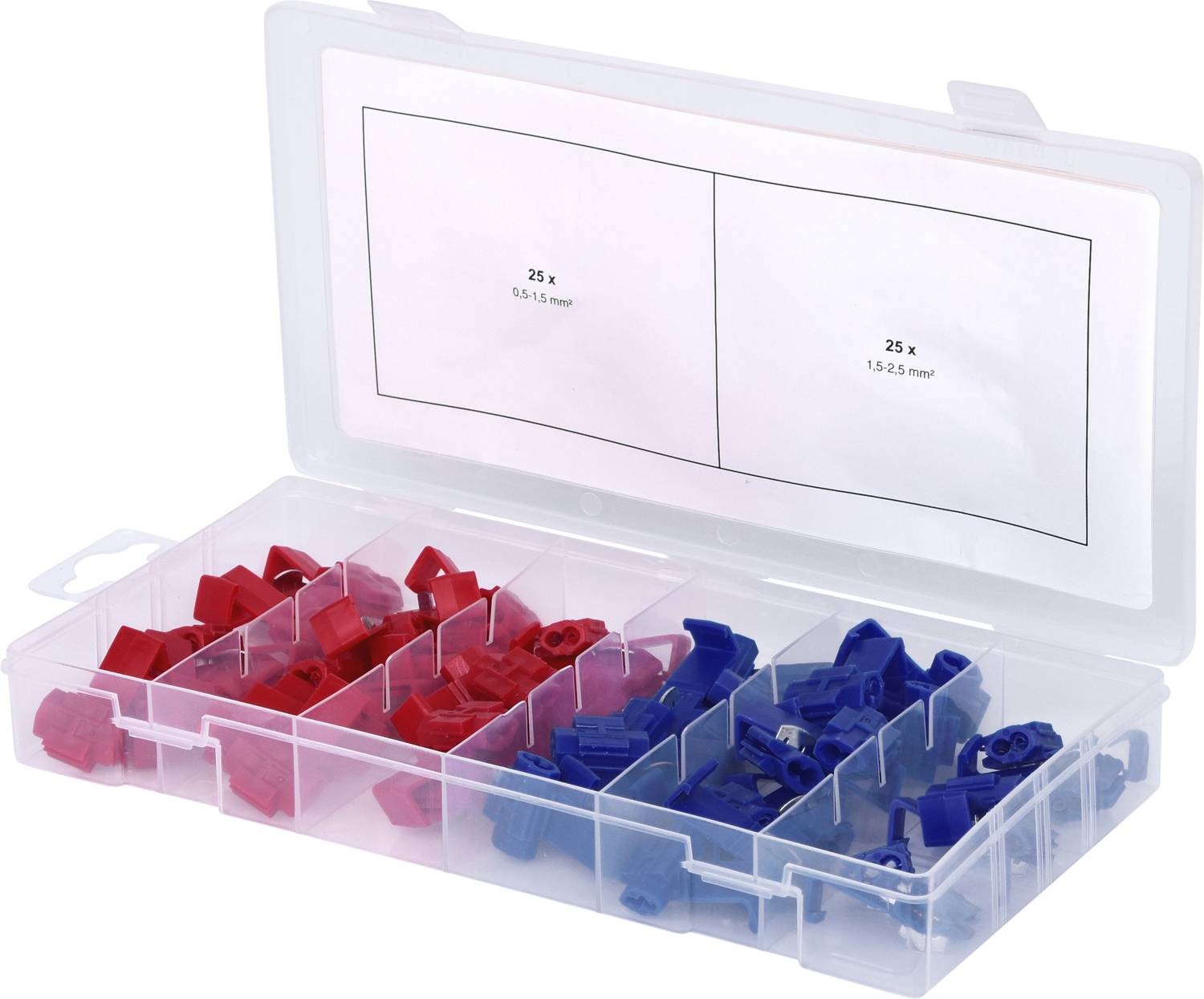 Plastična škatla z rdečimi in modrimi kabelskimi konektorji v ločenih predalih, nalepka prikazuje '25 x 0,5-1 mm²' in '25 x 1,5-2,5 mm²'.