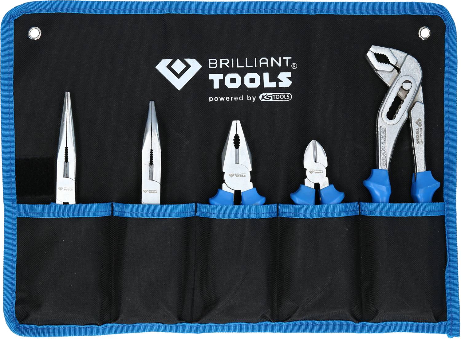 Set petih modrih ročnih orodij v črni torbi za orodje. Vsebuje klešče in nastavljive ključe.