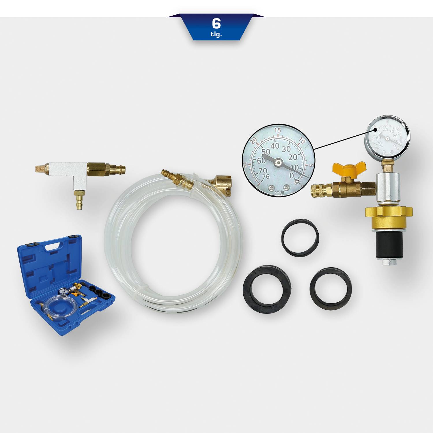 Merilni komplet za tlak goriva, ki sestoji iz merilnika tlaka, cevi, adapterjev in tesnil, namenjen diagnostiki motornih vozil.