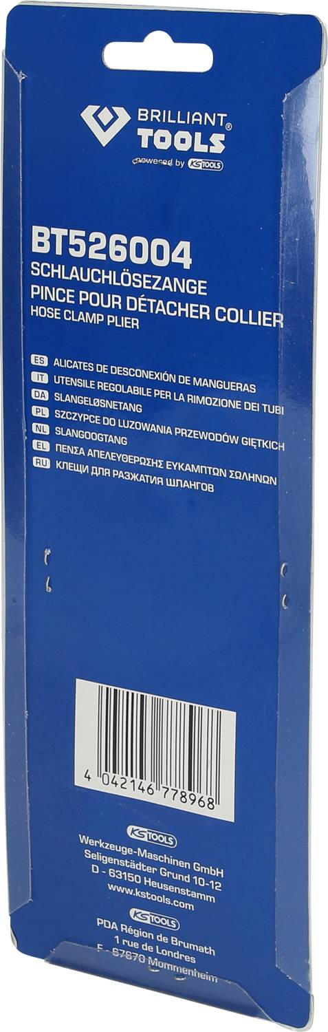 'Brilliant Tools Klešče za snemanje cevi BT526004' embalaža, modra, z informacijami o izdelku v nemškem, francoskem in italijanskem jeziku.