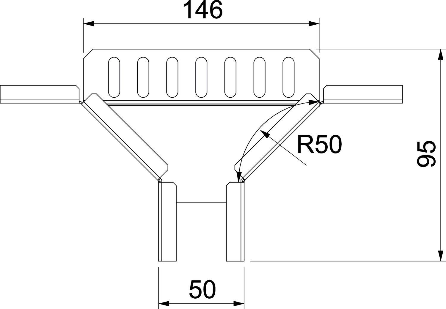 Tehnični drawing profila z merami: skupna širina 146 mm, višina 95 mm, spodnja širina 50 mm, polmer R50.