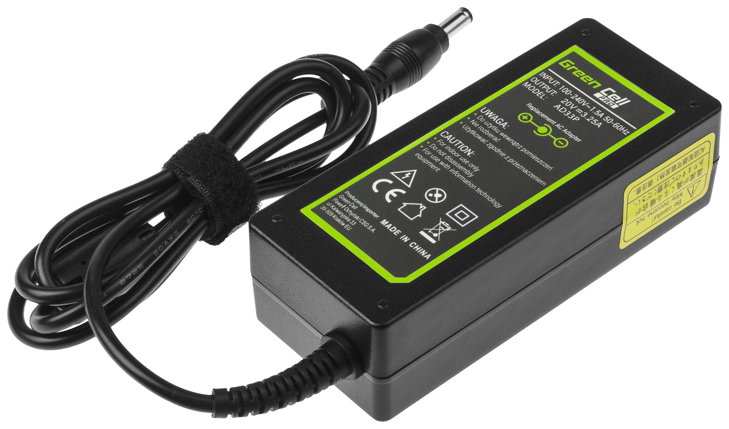 Napajalnik s strnjenim napajalnikom, modelno številko in tehničnimi specifikacijami na nalepki. Primeren za elektronske naprave.