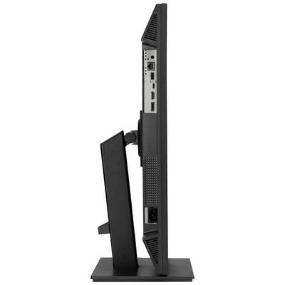 Monitor, pogledan s strani, prikazuje priključke kot so USB- in HDMI-vrata, prezračevalne reže ter stabilen podstavek.