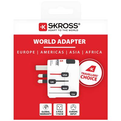 Embalaža 'SKROSS World Adapter', prikazuje mednarodni adapter z vtiči za EU, UK, ZDA, Avstralijo in Švico. Regije: Evropa, Amerika, Azija, Afrika.