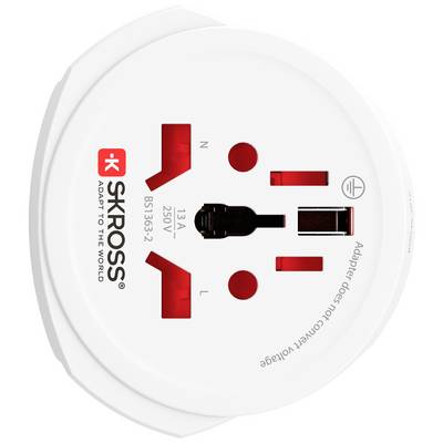 'SKROSS adapter za mednarodne vtičnice, primeren za različne oblike vtičev in napetosti do 250V, 13A.'