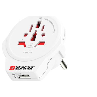 Bel potovalni adapter z vtičnicami za različne države. Na sliki logotip 'SKROSS' in USB-priključek.