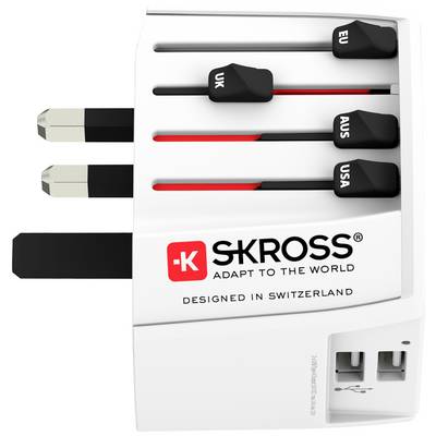 Večfunkcijski potovalni adapter z drsnimi stikali za UK, EU, AUS, ZDA, dvema USB priključkoma, v beli barvi.