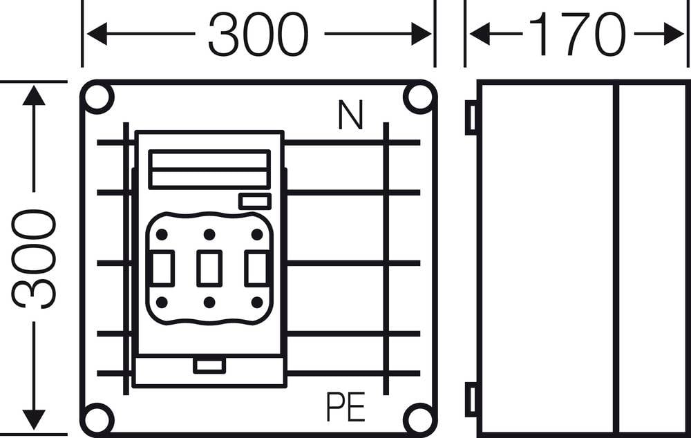 'Tehnična risba elektro omarice z dimenzijami: 300x170x300 mm, označena z N in PE za nevtralni in zaščitni vodnik.'