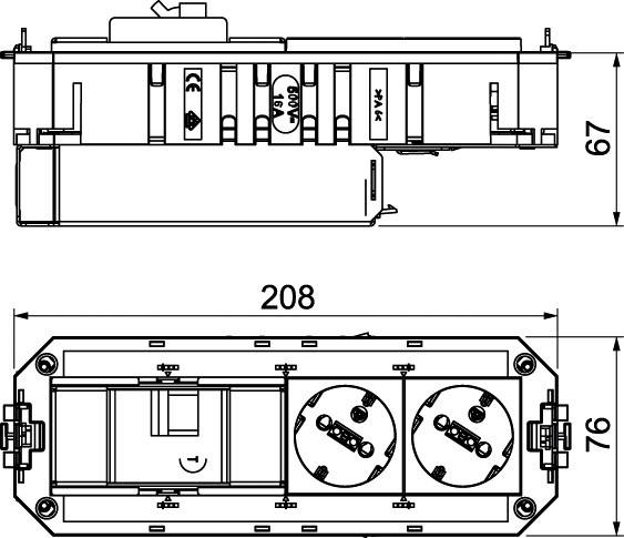 Tehnična risba električnega vtičničnega modula z dvema vtičnicama. Mere: 67 mm višina, 208 mm širina, 76 mm globina.