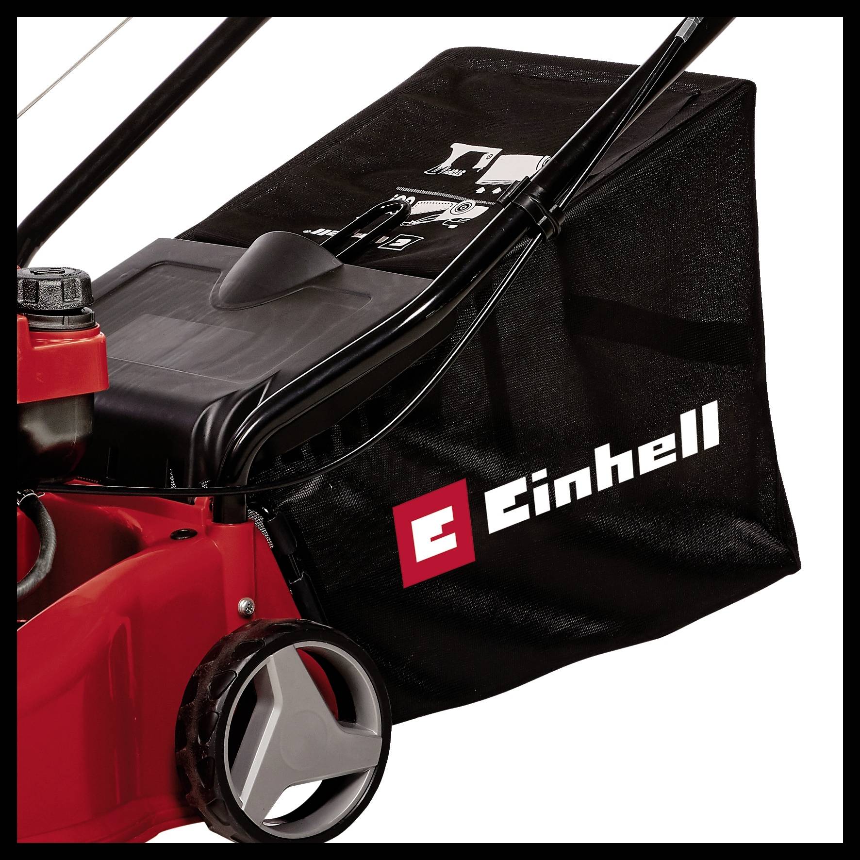 Rdeč kosilnik z zbiralnikom trave in logotipom 'Einhell'. Sprednja stran z kolesom in ročajem je vidna.