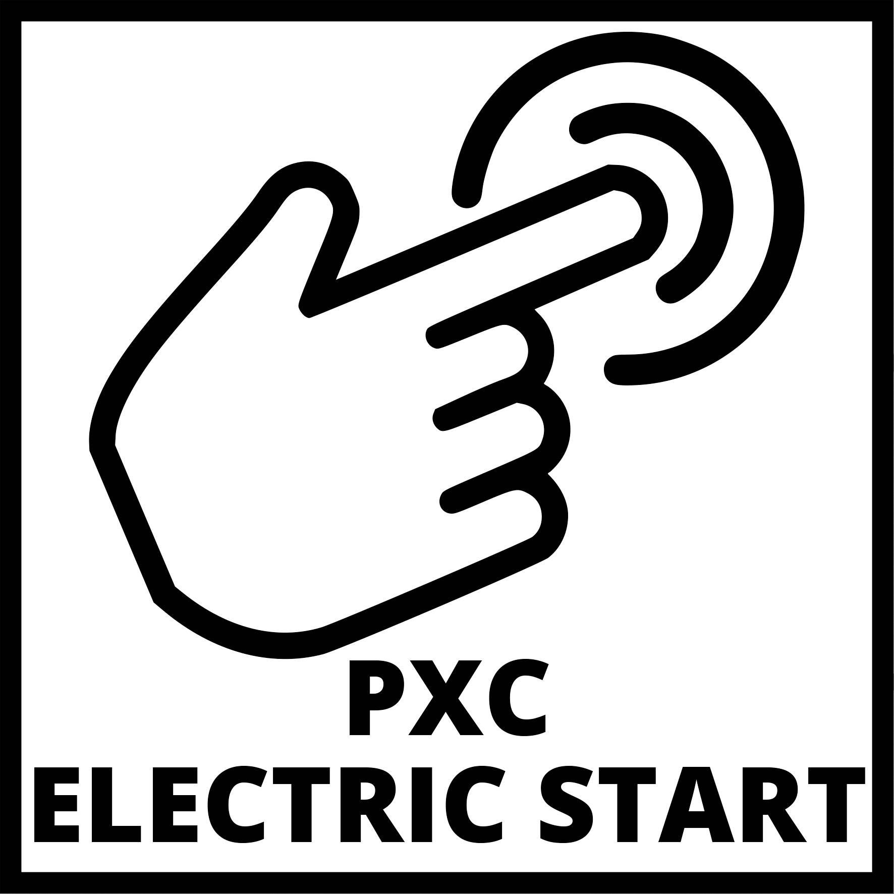 Simbol prikazuje roko, ki pritiska krožno tipko. Pod njo piše 'PXC ELEKTRIČNI ZAGON'.