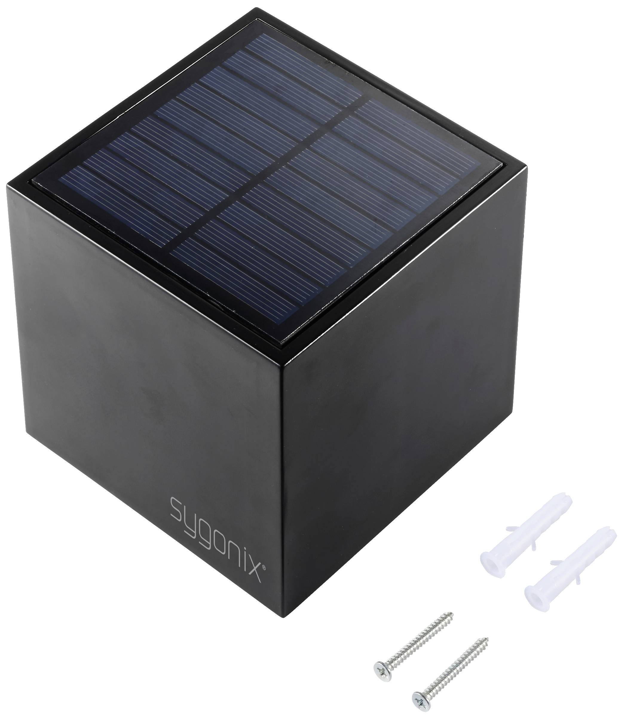 Črn votel z solarno celico na vrhu, logotip 'sygonix' na strani, vključno z dvema vijakoma in vložkoma za stensko montažo.