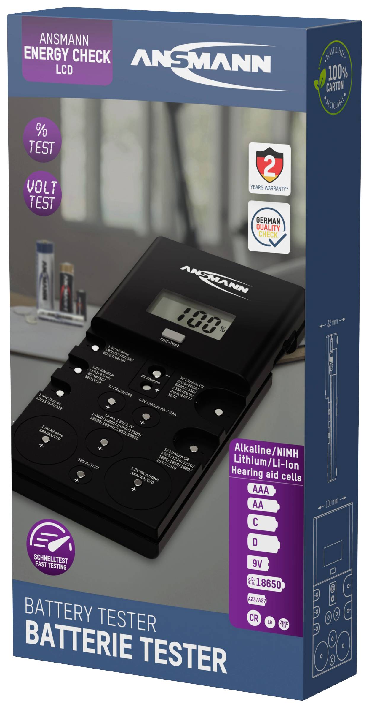 Embalaža testnika baterij 'ANSBATT Energy Check LCD' s sliko naprave. Primeren za alkalne, NiMH, litijeve baterije in baterije za slušne aparate.