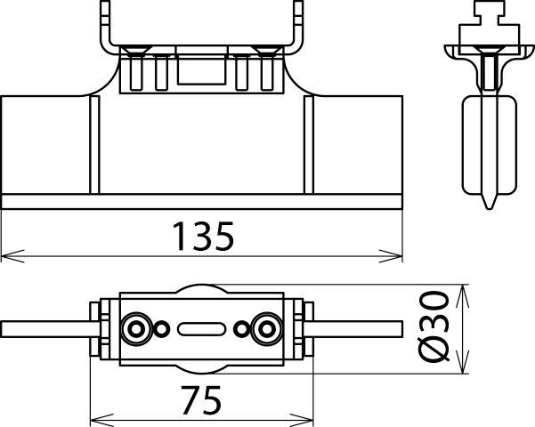 Tehnična risba ventila za cev z dimenzijami 135 mm širine, 75 mm dolžine in 30 mm premera.