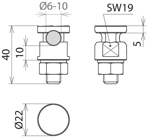 Tehnična risba vijaka z merami: skupna višina 40 mm, premer stebla 22 mm, variabilno območje premera Ø6-10, velikost ključa SW19.