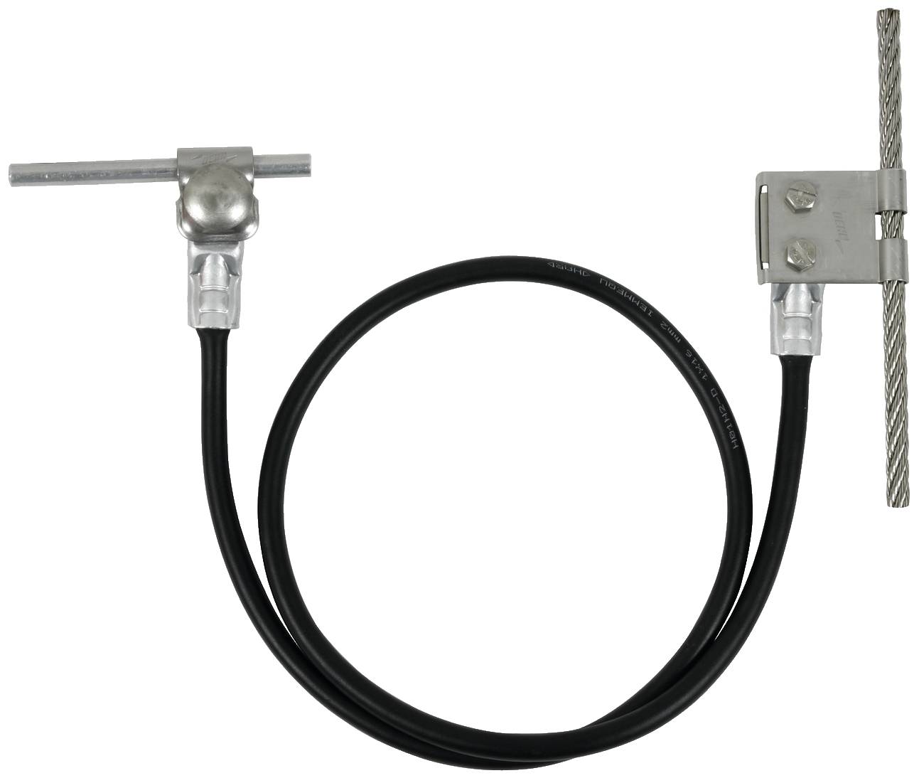 Črn kabel s srebrnimi priključki na obeh koncih, ki imajo različne oblike.