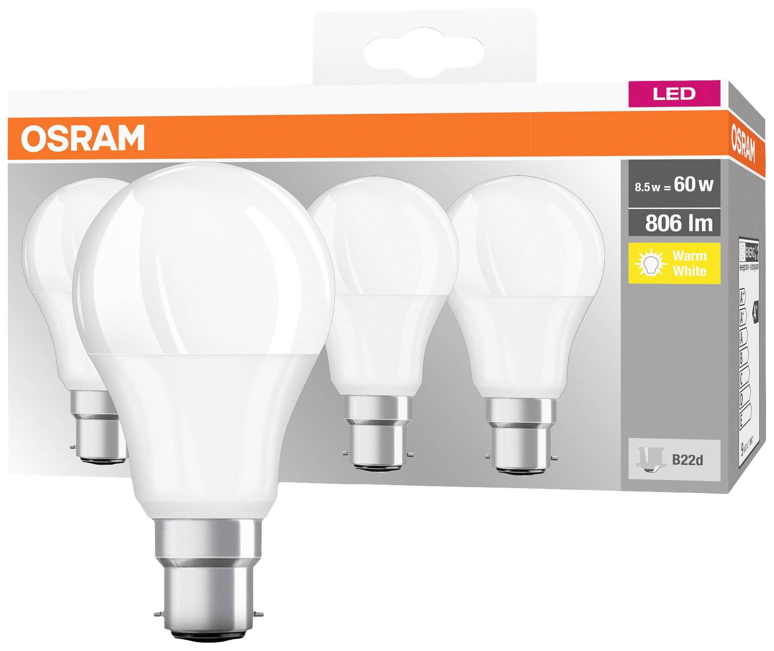 Embalaža OSRAM LED žarnice, 8,5W ustreza 60W, 806 lumnov, toplo bela, z vtičnico B22d. Vsebuje štiri žarnice.