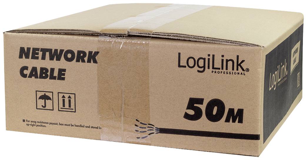 Karton z napisom 'MREŽNI KABEL', 'LogiLink PROFESSIONAL', '50M'. Prikazuje škatlo z 50-metrskim omrežnim kablom.