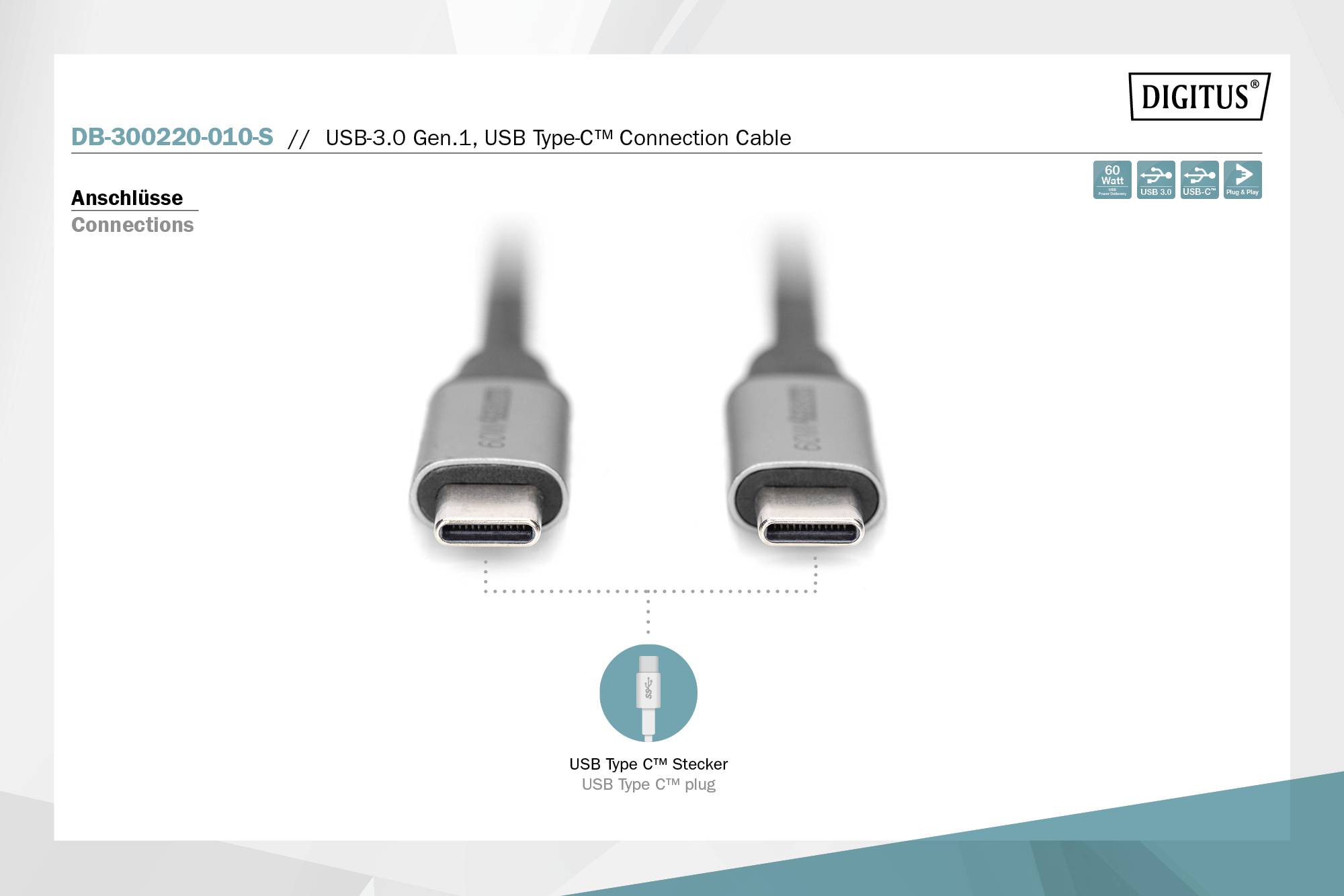 Dva USB-C vtikača na beli podlagi. Besedilo 'USB Type C™ Connection Cable', izdelek podjetja DIGITUS.