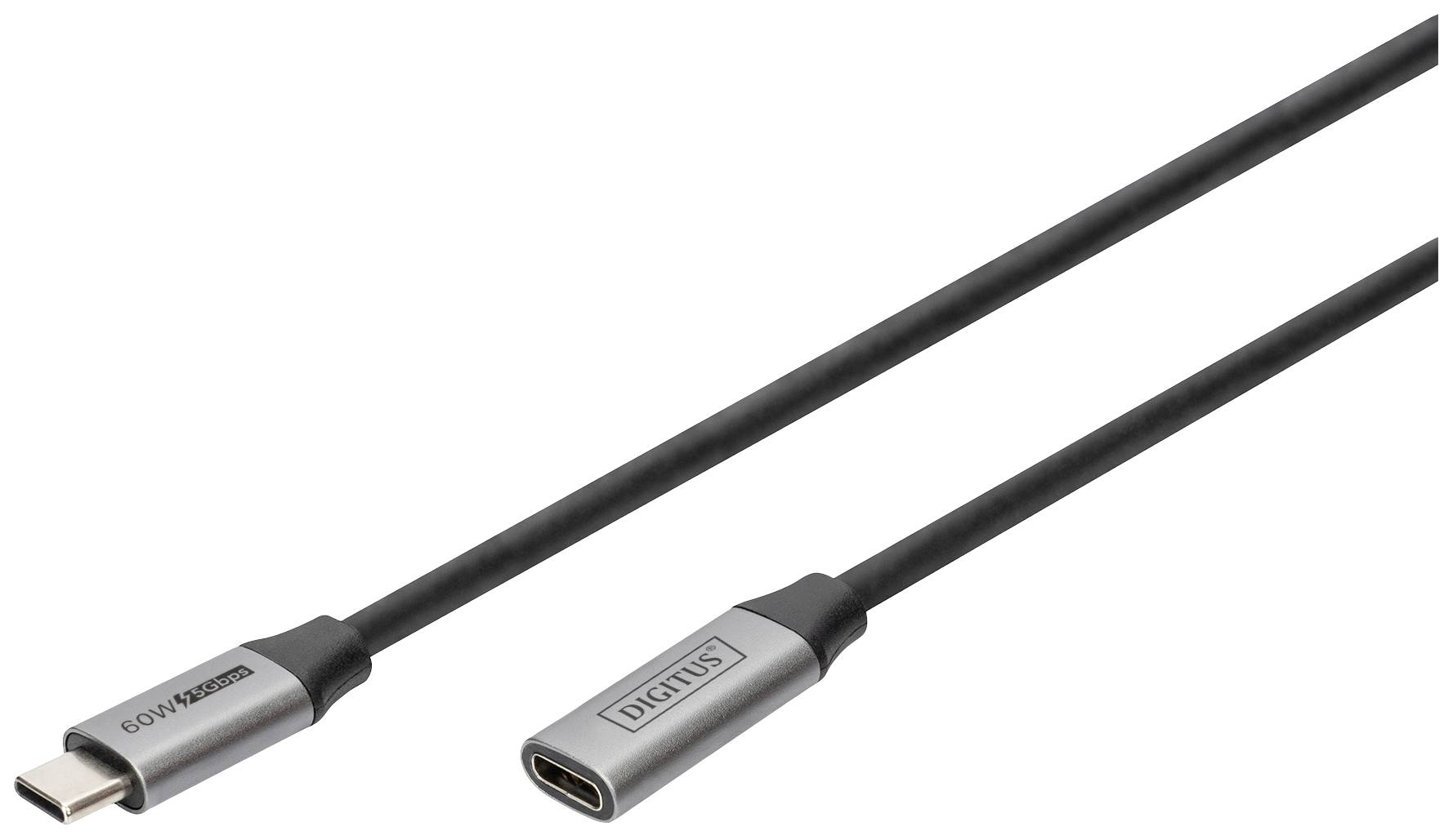 USB-C-kabel s srebrnimi priključki, eden kot vtič in drugi kot vtičnica. Dolg črn kabel vmes.