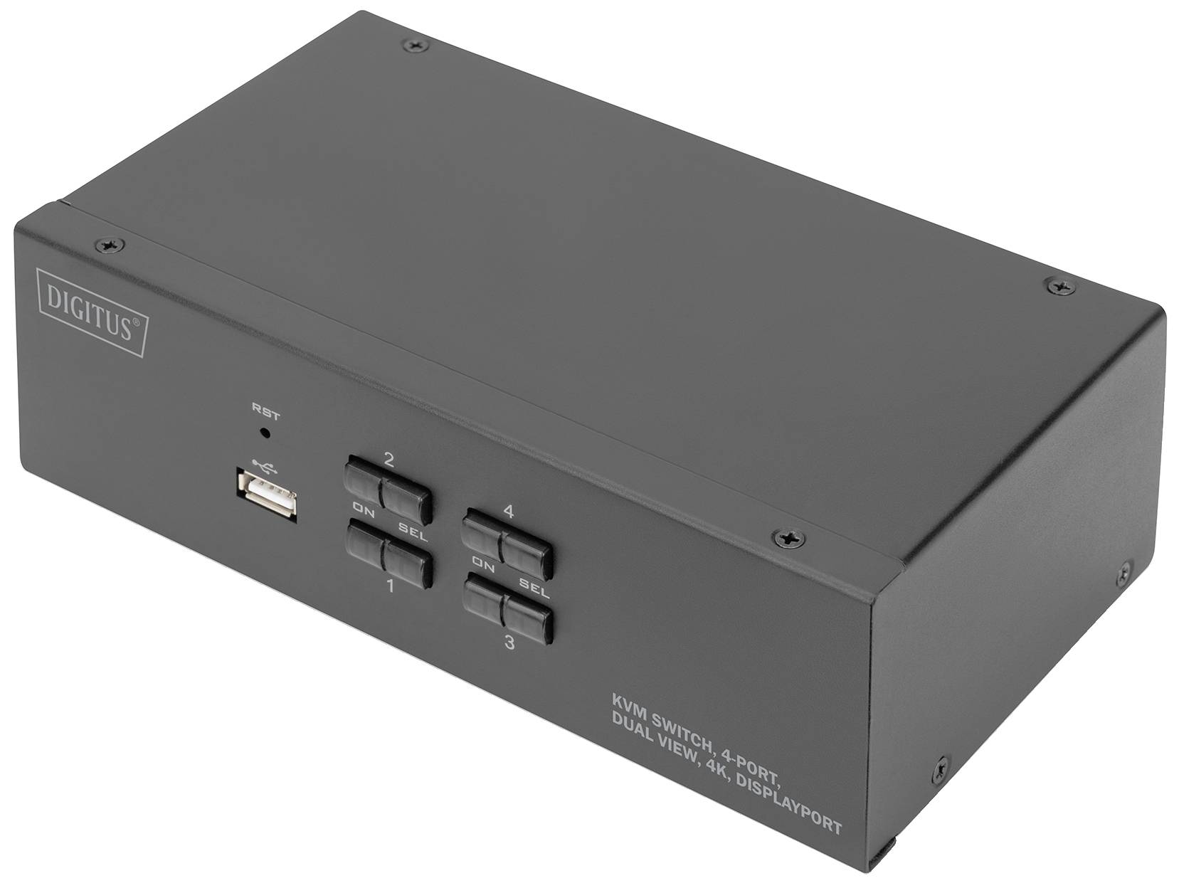 KVM stikalo s 4 vrati, USB priključkom in tipkami za upravljanje povezanih naprav. Naprava je znamke Digitus.