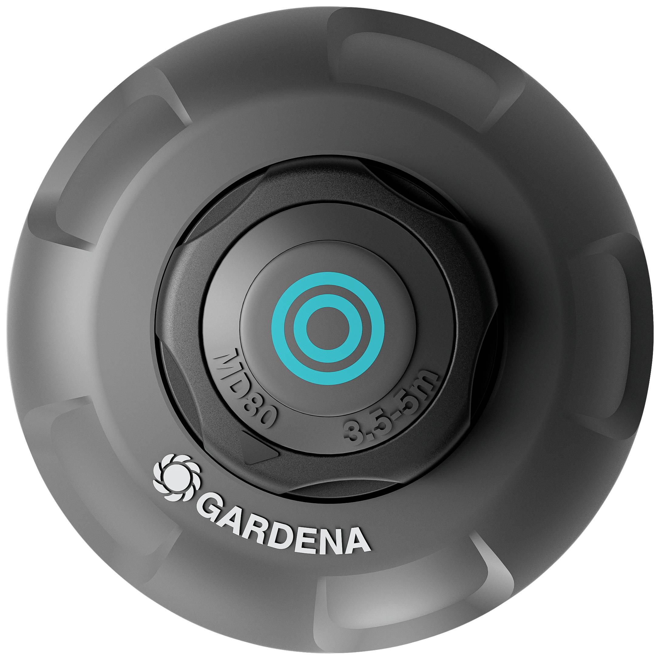 Črna vrtna škropilna šoba Gardena z modrimi in sivimi poudarki, označena z vrednostmi 'MD80' in '8–3,5 m'.