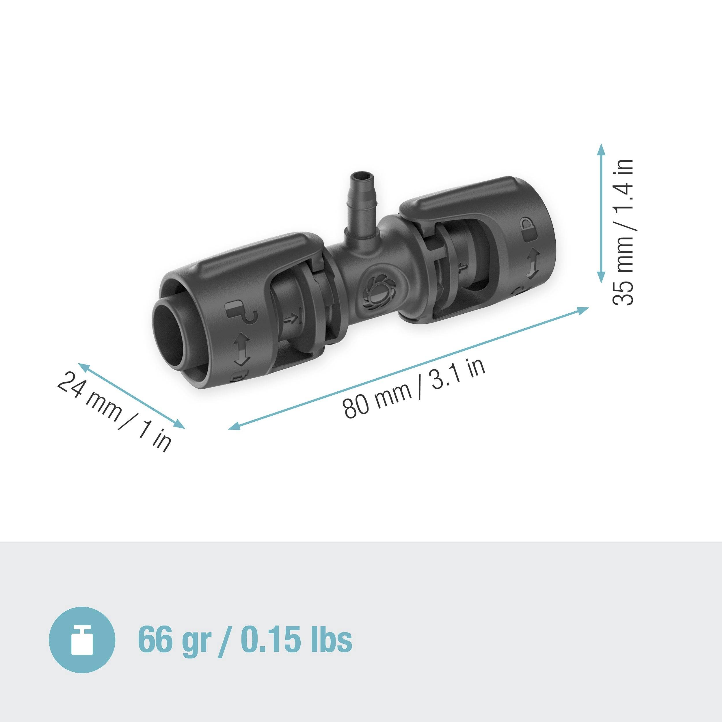 'Dimenzije priključka: 80 mm (3,1 in) dolžina, 35 mm (1,4 in) premer; teža: 66 g (0,15 funta).'