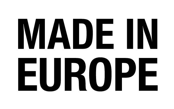 Tekstovna grafika z napisom 'MADE IN EUROPE' v črni, krepki pisavi na belem ozadju.