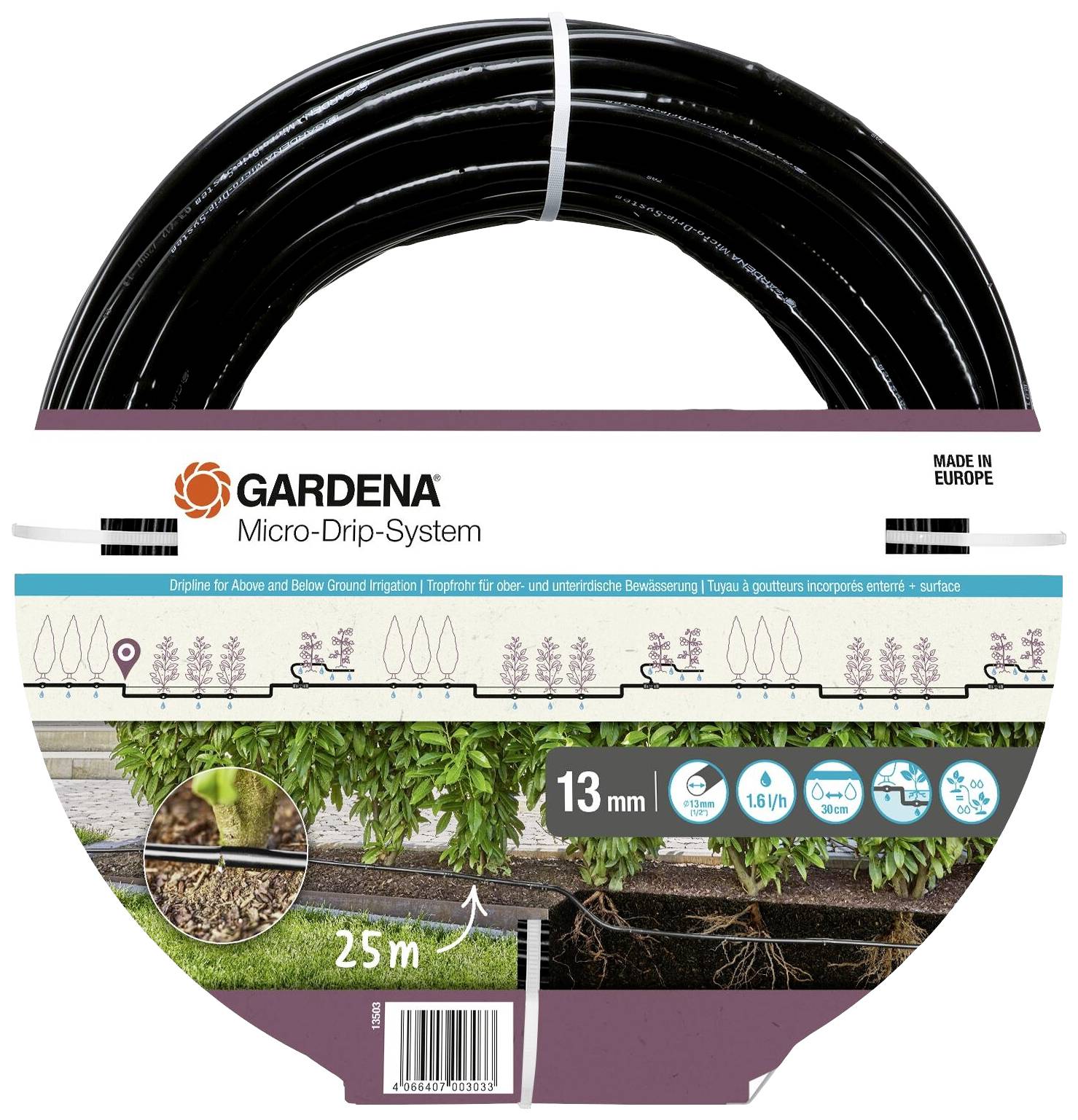 Gardena mikro-kapljični sistem, 25 m dolga cev, premera 13 mm, primerna za namakanje nad in pod tlemi. Primerna za žive meje.