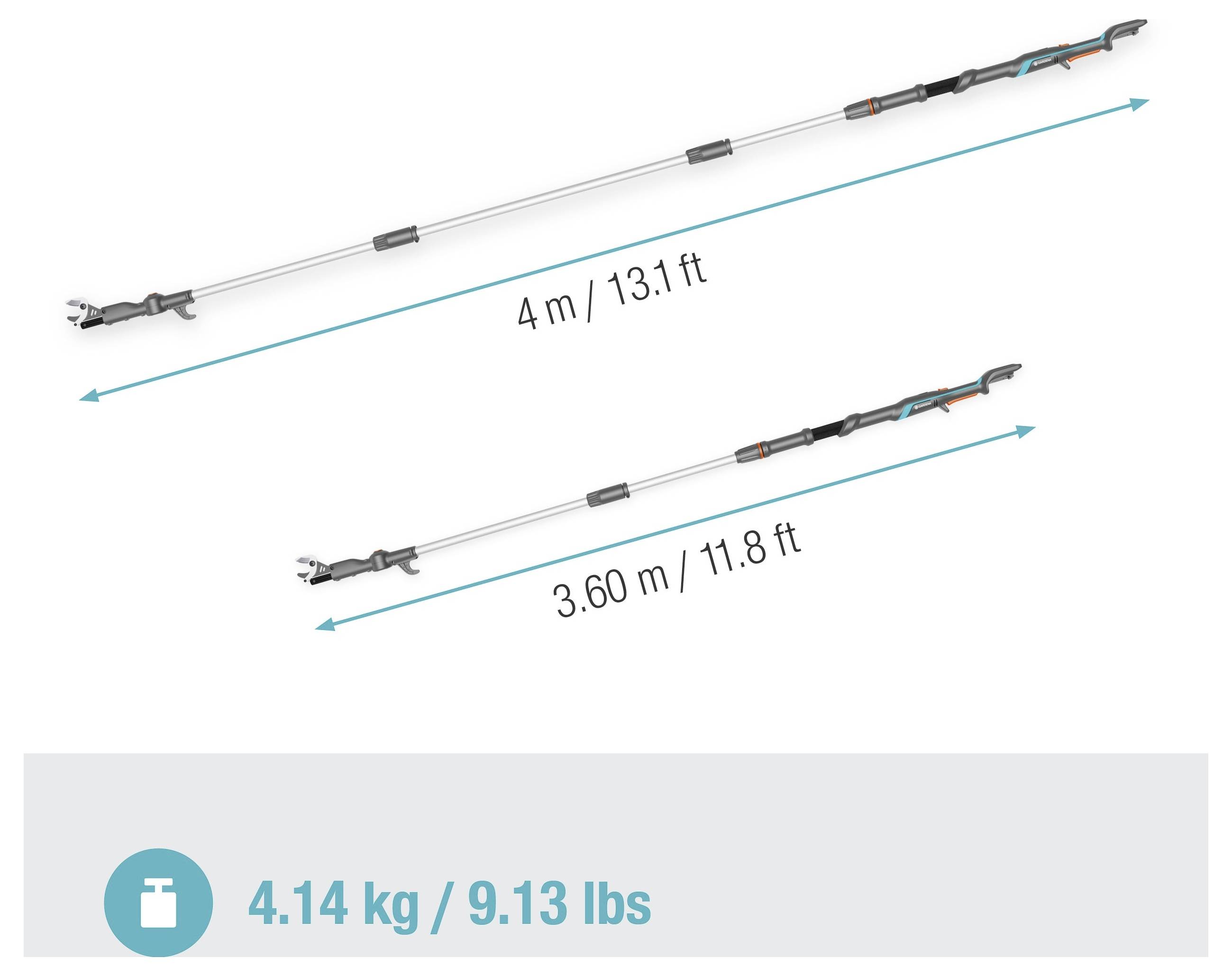 Ponazoritev izdelka, ki primerja dve dolžini palic: 4 m/13,1 čevlja in 3,60 m/11,8 čevlja; skupna teža je prikazana kot 4,14 kg/9,13 lbs.