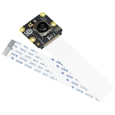 Majhna kamera za plošče s ploščatim kablom, primerna za Raspberry Pi. Ima številne majhne priključke in nahaja se na črni plošči.