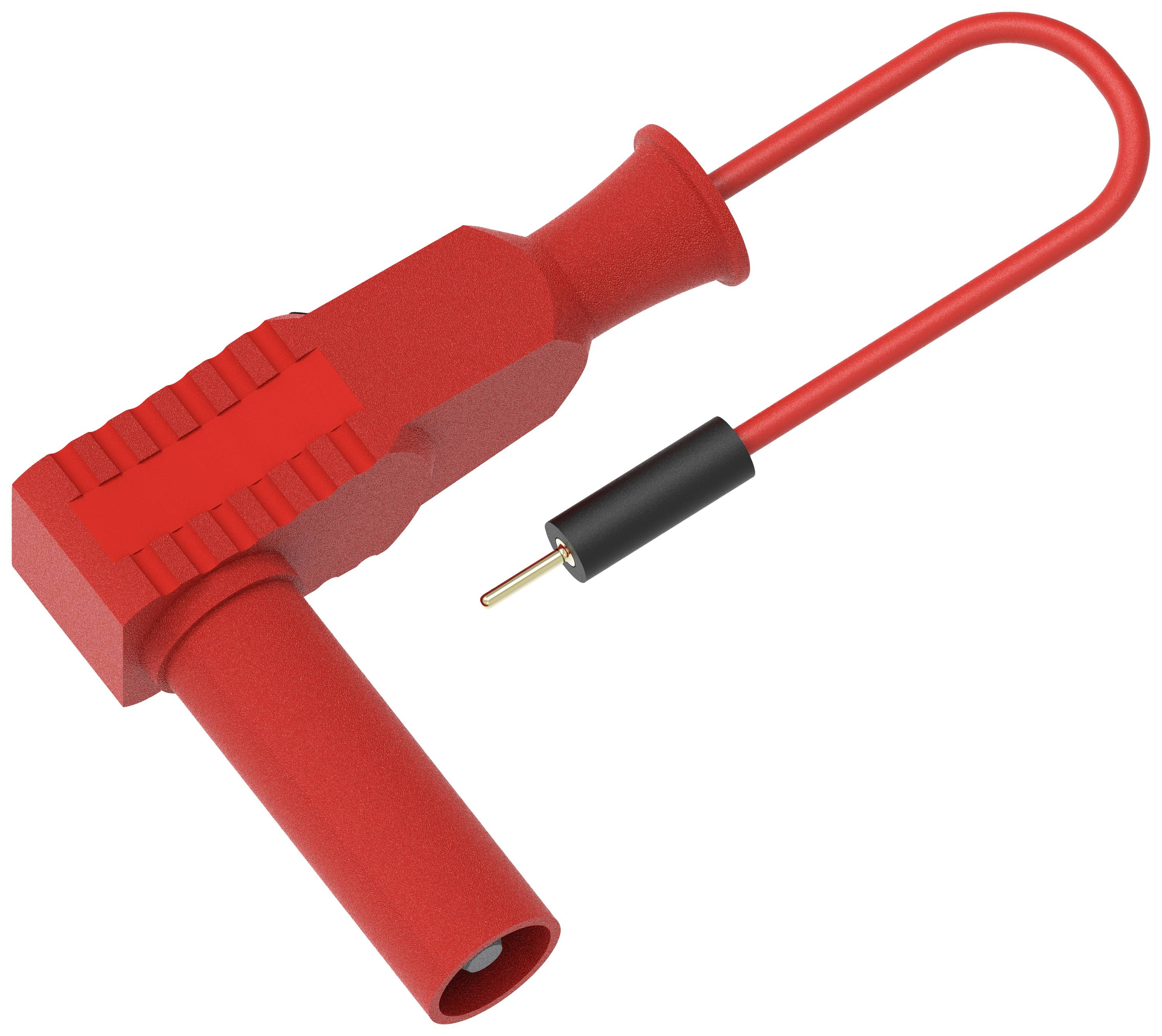 Rdeč vtični adapter z U-oblikovanim kablom in zlatim kontaktnim zatičem. Namenjen predvsem električni povezavi.