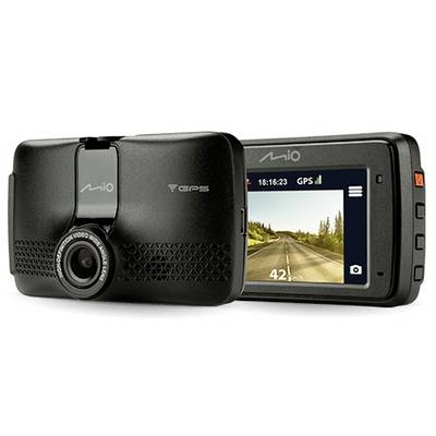 Črna nadzorna kamera z GPS-funkcijo na svojem zaslonu prikazuje cesto pri hitrosti 42 km/h.